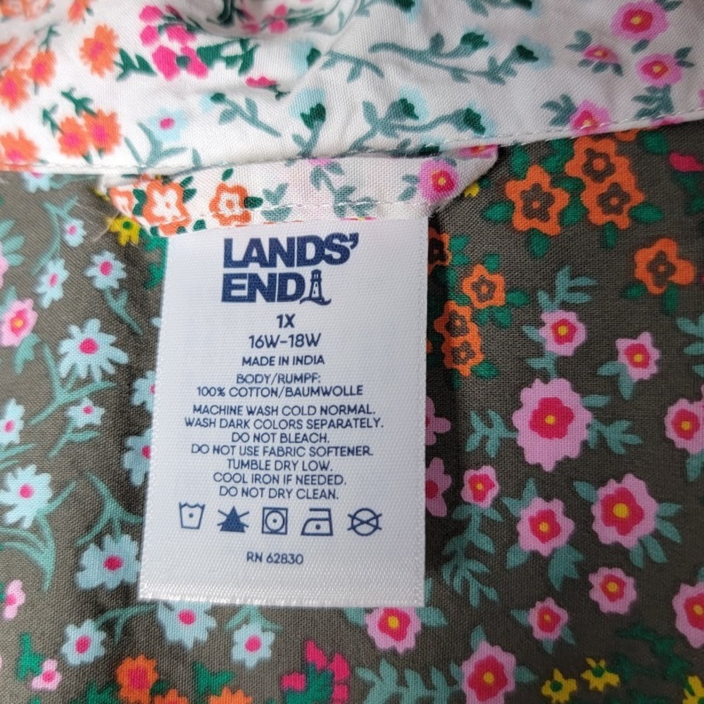 Lands' End Pajama Top‎ 1X Floral Button Front Cotton India Cottagecore Soft - Picture 6 of 7